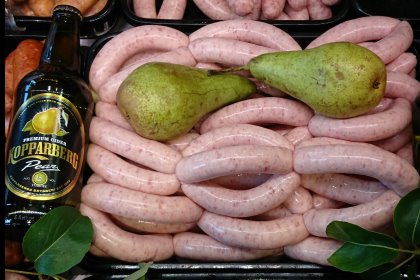 Pork with a fruity flavour: Sausages containing pear cider. Photo: Chris McCullough Pork with a fruity flavour: Sausages containing pear cider. Photo: Chris McCullough