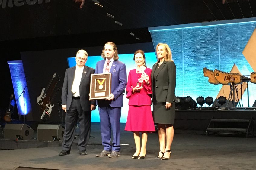Dr Pearse Lyons' son Mark and wife Deirde receive the awards for Dr Lyons achievements. Photo: Fabian Brockötter
