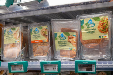 Vegetarian products in a supermarket in the Netherlands, being called “plant-based salami”,  or “plant-based sausage.” This type of branding may become forbidden in the EU soon. Photo: Koos Groenewold