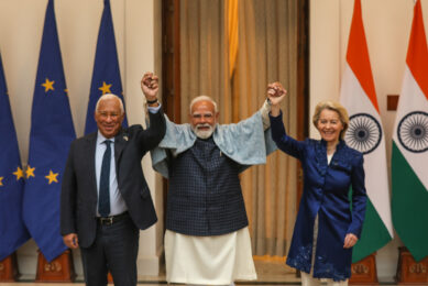 EU Commission president Ursula von der Leyen with Indian prime minister Narendra Modi (centre) and Antonio Luis Santos da Costa, president of the European Council (left), in India. Photo: ANP/Press Information Bureau