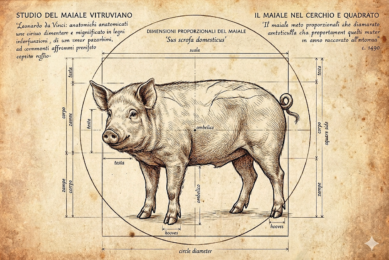 An AI-generated variety of the drawing ‘The Vitruvian Man’ by Leonardo da Vinci, where the man has been replaced by a pig. Similar images were shown in various presentations at ESPHM 2026. Illustration: Gemini AI